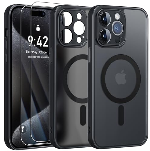 FLLAO Cover Magnetica per iPhone 15 Pro Custodia e 2 Pellicole in Vetro Temperato, Cover iPhone 15 Pro Magsafe, Custodia Traslucida Opaca Posteriore Sottile Antiurto Protettiva Case, Nero