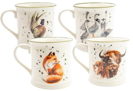 Home Deco London Rustic Kitchen Range - Farmhouse Countertop Decor, Highland Cow & Pheasant Ceramic Tankard Country Mug Set of 4 Designs 430ml