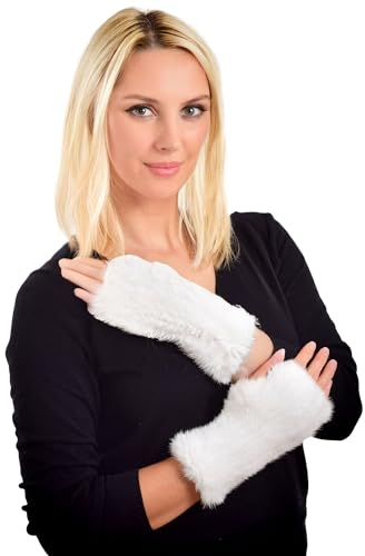 FOX FASHION Damen weiß Pelz Fingerlose Handschuhe aus Echtfell Fuchsfell Fuchs Fell Rex Kaninchenfell