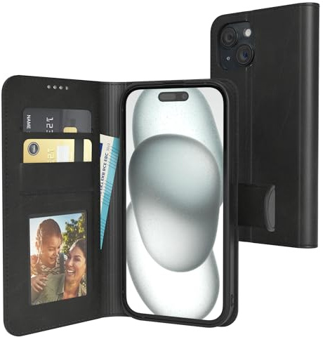 EAZY CASE - Klapphülle für iPhone 15 Hülle klappbar mit Kameraschutz Schutzhülle mit Magnet Flip Case Ständer Kunstleder Klapptasche mit Kartenfach Sichtfenster für Foto Premium Handyhülle Schwarz