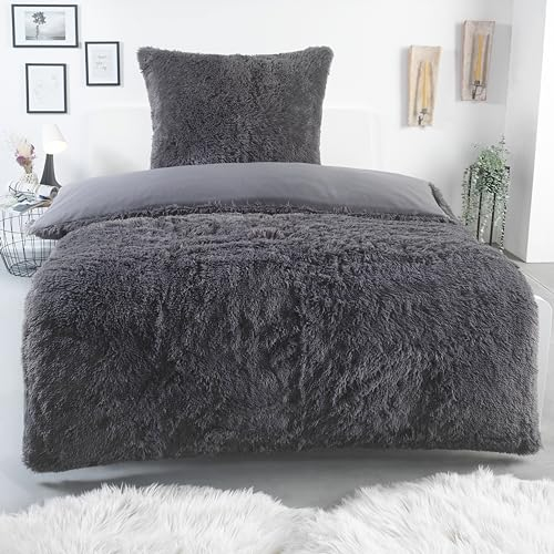 BaSaTex Flokai Fleece Winter Bettwäsche 135x200 + 80x80 Flausch Plüsch Bettgarnitur 2 teilig | Fellimitat aus 100% Mikrofaser | Farbe: Anthrazit/Anthrazit