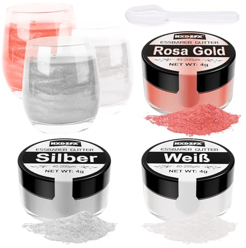 Essbarer Glitzer für Getränke - Lebensmittelfarbe Pulver, Schimmerndes Glitzerpulver, Lebensmittel Glitzerpuder für Schokolade, Kuchen, Fondant, Drinks - 8g (Silber Weiß Rose Gold)