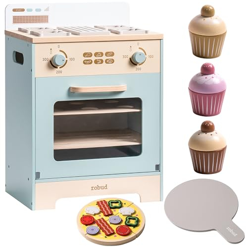 ROBUD Horno de Madera para niños, Juego de Cocina para niños con Cupcakes, Pizza, Bandeja para niños y niñas.