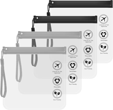 Toptime Kulturbeutel Transparent, 4 Stück Wasserdicht Auslaufsichere Kulturtasche mit Griff 20x20cm, Durchsichtig Flugzeug Flüssigkeiten Beutel 1 Liter, Reisezubehör Waschtasche für Damen, Herren