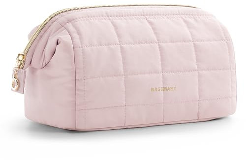 BAGSMART Makeup Bag Travel Cosmetic Bag, Puffy Padded Make Up Bags for Women Large Capacity Makeup Organizer Case, Wide-Open Pouch Purse Travel Essentials Toiletries Accessories Brushes, Pink