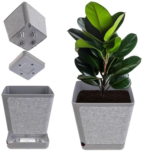 KADAX Dekorativer Übertopf, Blumentopf aus Kunststoff, Rechteckiger Pflanztopf mit Bewässerungssystem, Blumenkübel mit Selbstbewässerung und Wasserspeicher (Graue Melange 24cm)