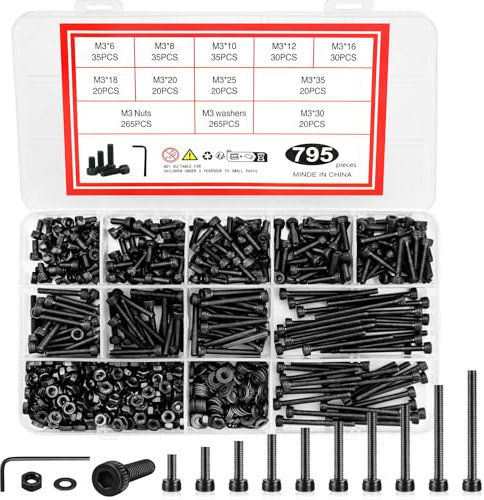 795Pcs M3 Vis Écrou Assortiment Set, vis à tête cylindrique noire à six pans creux vis et écrous et rondelles Assortiment Set (M3)
