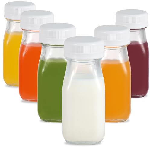 LIMILI Lot de 8 petites bouteilles de lait en verre transparent avec couvercles, 100 ml, réutilisables, pour boissons faites maison, pique-nique, voyage, école
