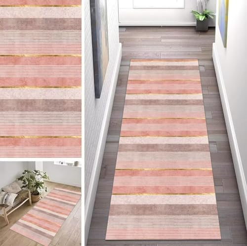 ZUZEKU Abstrakte Teppich Läufer Lang Flur Küche rutschfest Waschbar Teppichmattent 50X150cm Vintage Rosa Küchenteppich Meterware Esszimmer Schlafzimmer Wohnzimmer Schmutzfangmatte
