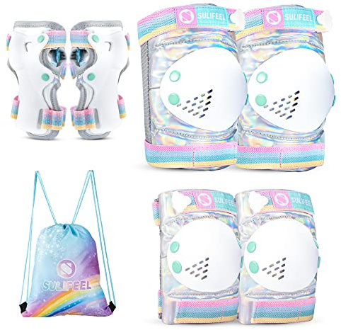 SULIFEEL Rainbow Unicorn Kids Protective Gear Set for Girls Boys | Shiny Knee Elbow Wrist Pads, Adjustable, Comes with Drawstring Storage Bag