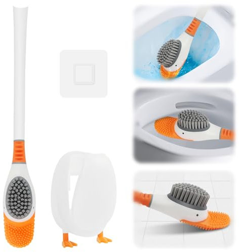 Brosse de Toilette Créative en Silicone, Épurateur de Toilettes en Forme de Canard avec Support, Brosse WC en Silicone Flexible et Plate, Ensemble Brosse de Toilette et Support pour Maison Hôtel École