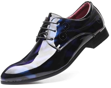 YAGEMING Scarpe Eleganti da Uomo Scarpe Derby Lucide Stringate Leggere di Grandi Dimensioni Scarpe Brogue in Pelle Verniciata A Punta per Banchetti Nuziali Casual da Lavoro,48 EU,Blue