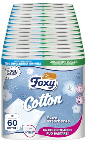 Foxy Cotton | Papier toilette 5 voiles | 60 rouleaux, 115 déchirures par rouleau, feuilles extra larges, avec de vraies fibres de coton | Certification FSC, 100% énergie électrique renouvelable,