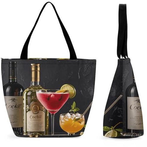 VFKLT Cocktail Glasses And Wine Bottles Tote Bag Reusable Grocery Tote Bag Casual Travel Shoulder Bag Shopping Handbags for Women, Cocktail Glasses and Wine Bottles, One Size