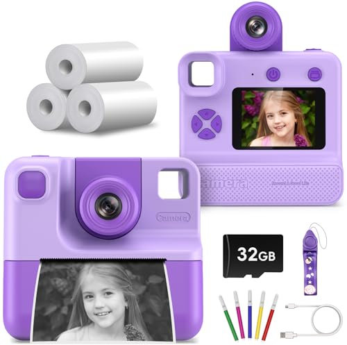 Camara Fotos Infantil Instantanea,26MP Camara de Fotos Instantaneas con 32GB y Papel de Impresión, HD 1080P Cámara Instantánea para Niños y Niñas 3 a 12 Años con Objetivo Giratorio de 10 Aumentos