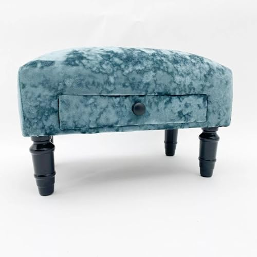 AcaciaHome Stylish and Durable Velvet Ottoman Footstool with Drawer - Solid Wood Frame, Removable Legs with Shabby Chic Design, Quality Upholstery for Living Room, Office, Home Decor (Blue)