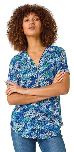Roman Front Zip Top for Women UK Ladies Brushed Blouse Soft Jumper Smart Casual Work Winter Autumn Spring Warm Long 3/4 Short Sleeve V Neck Sweater T-Shirts - Navy Multi - Size 16