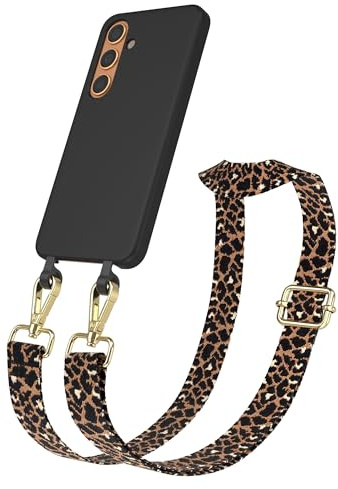 EAZY CASE - Hülle mit Band kompatibel mit Galaxy S24 Handyhülle für Galaxy S24 Schutzhülle Silikonhülle mit Mikrofaser Handykette zum Umhängen 2in1 Hülle Handykordel Leo - Schwarz Braun Metall Gold