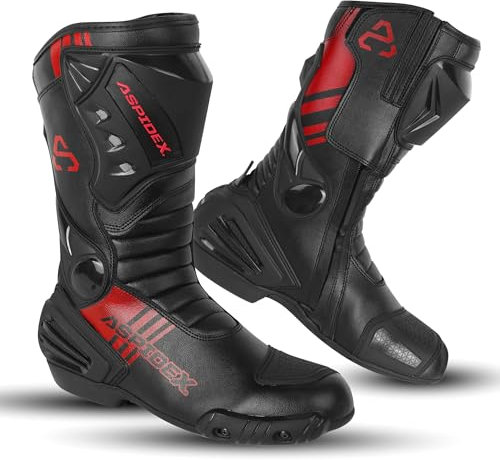 ASPIDEX Stivali Moto Unisex in Pelle con Protezioni Rinforzate, Suola Antiscivolo e Chiusura con Cerniera e Velcro (Rosso, Sistema Taglie Calzature EU, Adulto, Uomo, Numero, Media, 43)