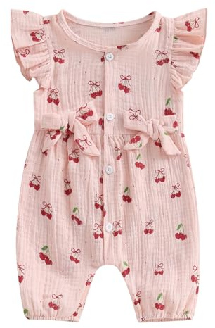 XIXIMAON Newborn Baby Girl Clothes Linen Rompers Summer Outfit 0-18 Months | Bow Decor Cherry or Strawberry Print Button Down Flying Sleeve Jumpsuit Newborn Cotton Linen Bodysuits Girls Bubble Rompers