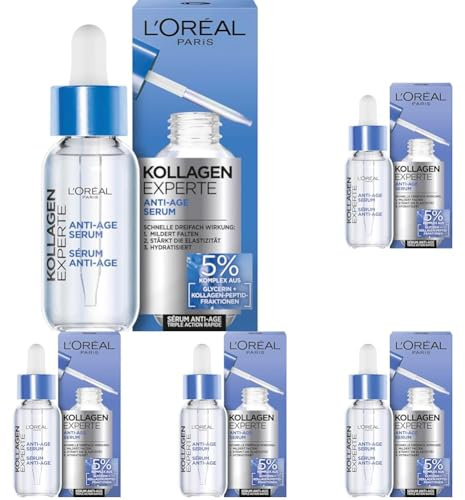 L’Oréal Paris Anti-Age Serum, Milderung von Falten, Feuchtigkeitsspendendes Anti-Aging Serum mit Glycerin und Vitamin C, Kollagen Experte, 30 ml (Packung mit 5)