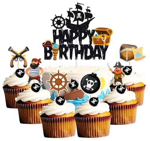 Silars Tortendeko Piraten, 7 Stücke Tortenaufleger Piraten Happy Birthday Tortendeko, Kuchendeko Piratenschiff Geeignet für Piratenparty, für Geburtstagsfeiern, Themenpartys zu Piraten