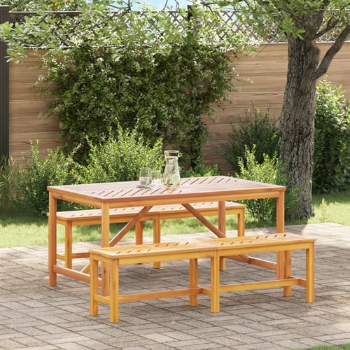 Youuihom Garten Esstisch Set aus Massivholz Akazie Modernes Design mit 2 Bänken und 1 Tisch Robust und Wetterfest für Terrasse Garten und Balkon