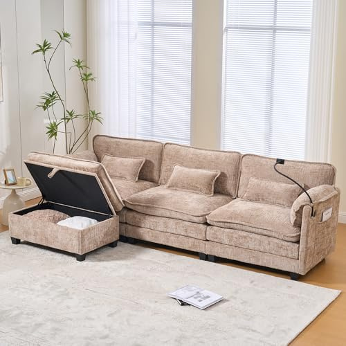 A ALFRESCOOL Eckcouch mit Schlaffunktion, l Sofa mit Schlaffunktion, Cordstoff Sofa mit USB-Anschluss, Seitentasche, Handyhalter und Modularen Hockern, für Wohnzimmer, Khaki 279x83x85 cm