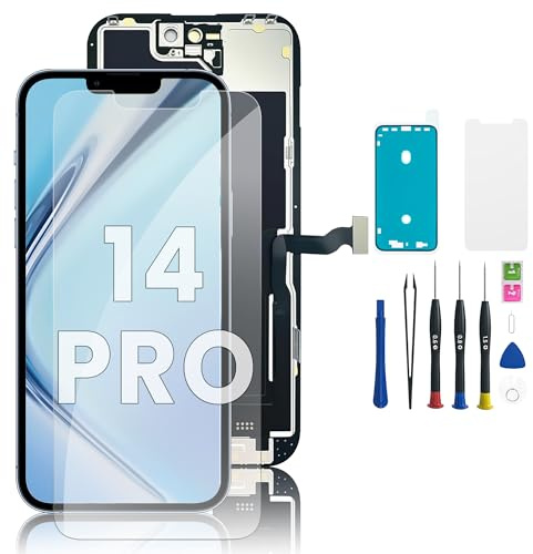 Hoonyer LCD Display Ersatz Set für 14 Pro (6,1 Zoll), 3D Touch Bildschirm mit Rahmen & Digitizer, inkl. Reparaturwerkzeug, wasserdichtem Klebestreifen & gehärtetem Displayschutz