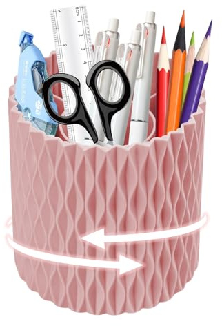 MYHOGOOD Desk Organisers Pen Holder 360° Rotating Makeup Organiser Stationary Desk Organisers with 5 Compartments Pen Pot for Home Office School Classroom (Pink)