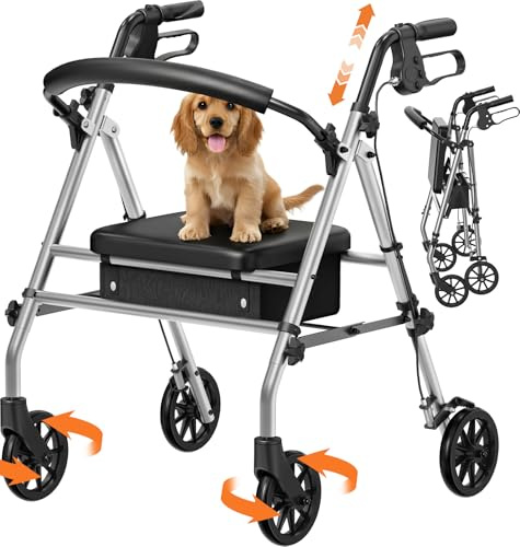 Luckfaith Folding Rollator Walker with Seat – Lightweight 4-Wheel Zimmer Frame with Storage Bag, Mobility Aid for Elderly & Disabled, Indoor & Outdoor Use, Grey