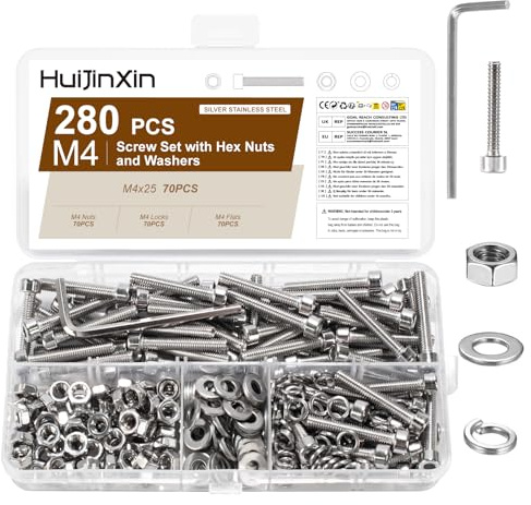 280 Stück M4 x 25 mm Schrauben Set,Innensechskant Schrauben Muttern Set,Edelstahl Zylinderschrauben mit Muttern Sets,Sechskantschrauben Unterlegscheiben Sortiment,Maschinenschrauben Gewindeschrauben