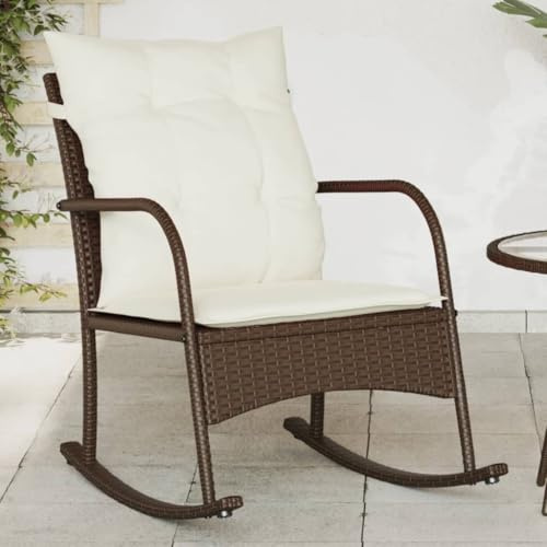 Tonture Garten-Schaukelstuhl mit Kissen, Braun, aus robustem Poly Rattan, 60x87x80 cm, UV-beständig, für Balkon und Terrasse, bequemer Outdoor-Sessel
