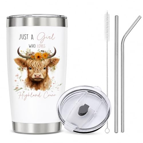 Nodrex Highland Cow Mug, Highland Cow Gifts for Women, Insulated Stainless Steel Travel Mug with Straw, Funny Highland Cow Cup, 20oz Coffee Tumbler, Scottish Gifts for Women (B)