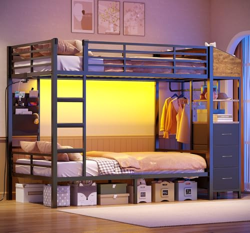 AOGLLATI Hochbett 90x200 mit LED Beleuchtung und Ladestation Kinderbett 90x200 mit Treppe und Rausfallschutz Platzsparendes Kinder Etagenbett Jugendbett mit Garderobenständer und Stauraum