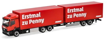 Herpa LKW Modell Mercedes-Benz Classicspace Kühlkoffer-Hängerzug Penny, Miniatur im Maßstab 1:87, Sammlerstück, Made in Germany, Kunststoff