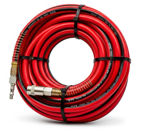 Flexi Tough Air Hose 8mm x 15m 20 Bar 300 PSI Reinforced Rubber Oil Resistant Compressed Air Line Flexible Heavy Duty Garage Workshop Pneumatic System Professional Use 810075-UTC