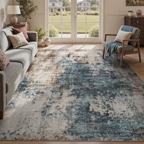 SOJAWA Boho Teppich 200x300cm Petrol Blau Grün Braun, Vintage-Optik & dezentes Muster, weicher kurzfloriger & Rutschfester Teppich, pflegeleicht für Wohnzimmer und Schlafzimmer