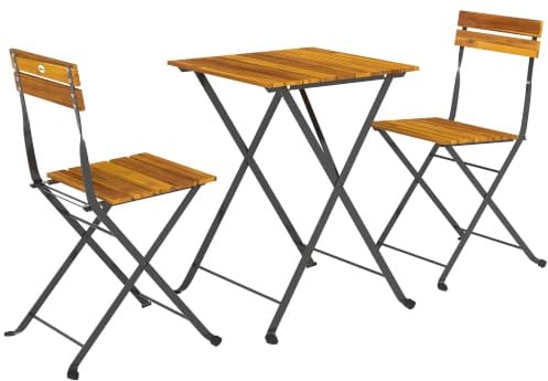 Outsunny Sitzgruppe 3 TLG. Essgruppe für 2 Personen mit 2 Stühlen Teak | Klappbarer Esstisch, Bistrotisch Mit 2 Stühlen, Küchentisch-Set, Stahlgestell, Balkonmöbel