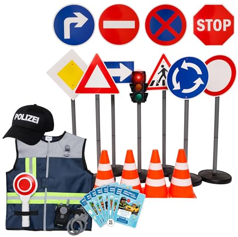 alldoro Polizei & Verkehrs-Rollenspielset, Polizei Kostüm, Ampel & Zubehör | 4 Pylonen, 10 Verkehrsschilder mit befüllbarem Standfuß, Spielzeugampel mit Licht & Sound, für Kinder ab 3 Jahren