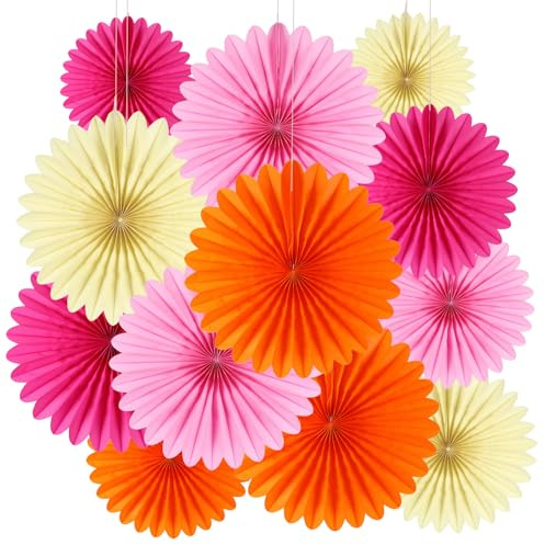 BestoFun 12 Stück Papier Fächer Set Orange Rose Party Deko Hängende Beige Rosa Papierfächer Dekoration für Gartenparty Tischdeko Geburtstagsdeko Hochzeit Baby Shower