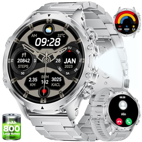 LIGE 1.85 Reloj Inteligente Hombre, 800mAh/Linterna LED, Llamadas Bluetooth, Frecuencia Cardíaca/SpO2/Monitor de Sueño, 110+ Modos Deportivos, Smartwatch Impermeable 5ATM para Android iOS, FV15-E