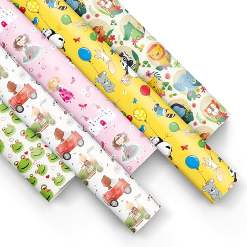 PAW Geschenkpapier 200 x 70 cm, 5 Rollen - Kindliche Freud | Edler Mix aus 5 Motiven, reißfest und leicht zu falten, für Geburtstag, Hochzeit und jeden Anlass, edel verpackt