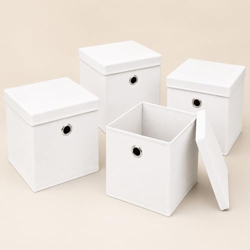 Foldable Fabric Storage Boxes with Lids Set of 4 Non Woven Cubes for Shelves Wardrobe Home Organisation Foldable Storage Cubes collapsible Storage Box in Grey Blue White Black (White, 30x30x30cm)