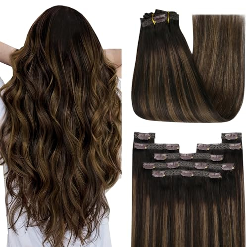 YoungSee Clip in Extensions Echthaar Ombre 50 cm Echthaar Extensions Clip Braun Balayage Mittelbraun Extensions Echthaar Clip Ombre fur Damen Haarextension Clips Remy Glatt Haare 120g #2/2/6