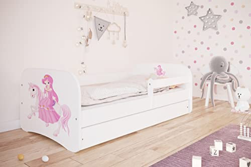 Bjird Kinderbett Jugendbett 70x140 80x160 80x180 Weiß mit Rausfallschutz Schublade und Lattenrost Kinderbetten für Mädchen und Junge - Prinzessin auf dem Pony 160 cm