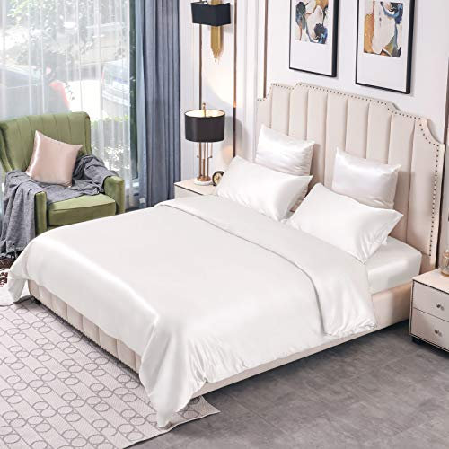 THXSILK 25 Momme Seidenbettwäsche Set 3 teilig, Bettbezug 240 x 220 cm und 2 Kissenbezüge 40 x 80 cm, Hypoallergen Maulbeerseide Bettwäsche Set, Ultra Weich und Glatt, Weiß