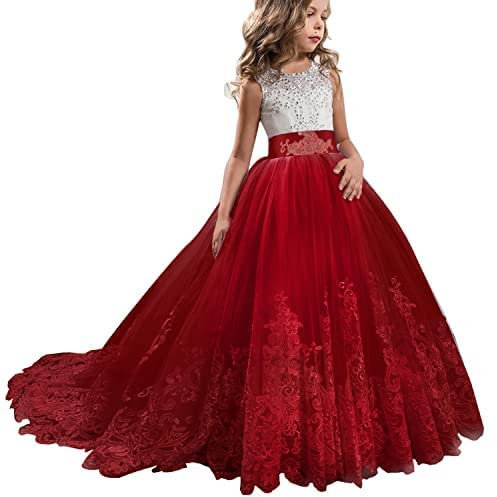 TTYAOVO Filles Sol Longueur Dentelle Princesse Mariage Robe Tulle Robe (Taille130) 6-7 Ans 406 Rouge