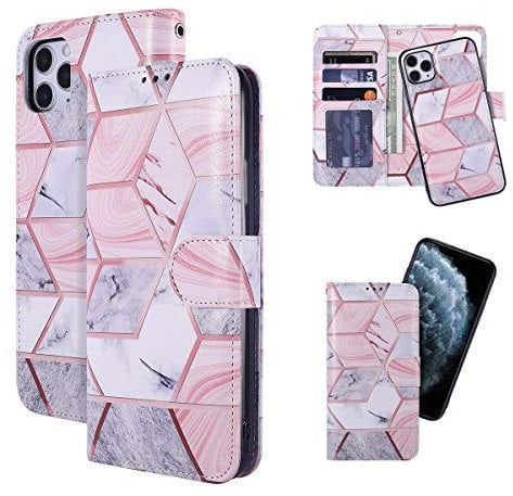 QLTYPRI Case for iPhone 11, Premium PU Leather Rubber Silicone Bumper Credit Card Holder Cash Pocket Magnetic Detachable Wallet Case Cover for iPhone 11 - Pink Marble
