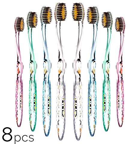 Nano-b Rainbow Handzahnbürsten, antibakteriell, goldfarben und Bambuskohle, Kristalldesign, Profi-Kopf, weiche mittlere Borsten, empfindliches Zahnfleisch, tiefenreinigende Plaque-Entfernung,